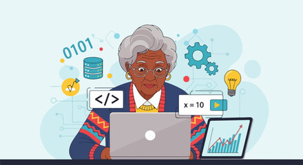 Senior woman coding on laptop with digital interface, coding showing programming skills. Coding is empowering, enabling her to innovate and develop solutions with algorithms and data,