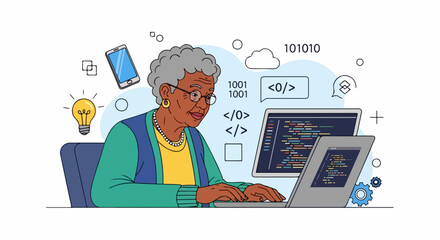 Elderly woman coding on laptop surrounded by app icons represents senior developer. Senior developer writes code. Concept of senior developer for tech blogs and social media, showing inclusivity,