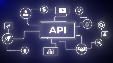 API - Application Programming Interface. Software development tool. Business, modern technology, internet and networking concept, Glowing neon background, Motion graphics of API concept. 4k