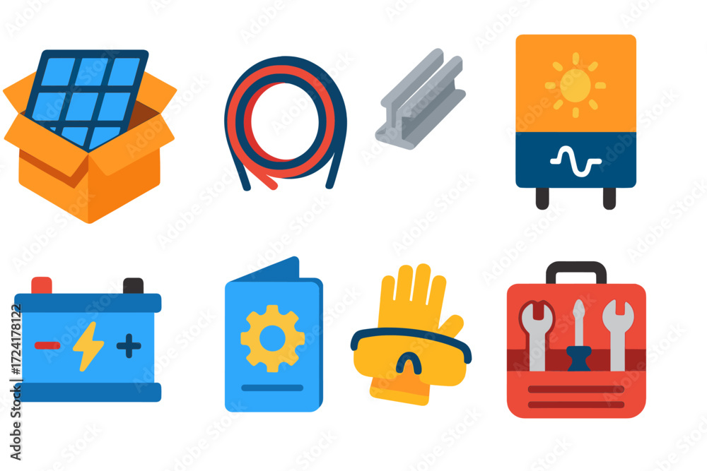 Solar Mounting Component Icon Solar DIY Kit Icons. Flat vector icons of solar DIY kits: panel kit box ...