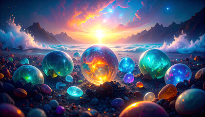 Wall Mural - A photorealistic and vibrant macro shot of a pebble beach on a sunny day.