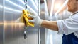 © krisna - A worker wearing gloves cleans a stainless steel elevator panel with a yellow cloth, maintaining hygiene and cleanliness.