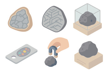 Meteorite Specimen Collection. Isometric vector illustration set Meteorite specimens: polished meteorite slice, etched