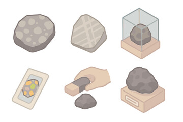 Meteorite Specimen Collection. Isometric vector illustration set Meteorite specimens: polished meteorite slice, etched
