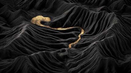 Wall Mural - Black and gold mountain range with a river running through it. The mountains are very steep and the river is gold