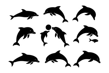  Black silhouette dolphins collection with different poses and interactions