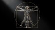 © MMerellinn - Vitruvian Man in dark metallic form with glowing golden geometry. Cosmic dust surrounds the ideal human figure in a radiant, universal balance of life.