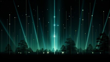 Wall Mural - Dark green image of a forest with a bright green sky. The sky is filled with stars and the trees are lit up with green lights