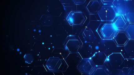 Abstract digital network of glowing hexagons.  Dark background with vibrant blue light patterns and connecting lines.  Geometric design with subtle highlights and particle effects