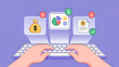 © MD ABDUR ROHIM - Hands typing on keyboard projecting money bag pie chart and document icons with dollar signs computer