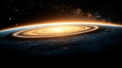 Wall Mural - Planet with a yellow sun in the center. The sun is surrounded by a yellow ring. The planet is surrounded by a dark blue sky