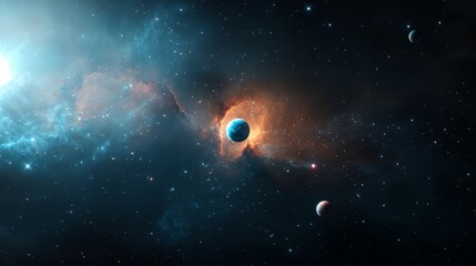 Wall Mural - Space scene with a large planet in the center and three smaller planets surrounding it. The scene is filled with stars and clouds, giving it a sense of depth and vastness