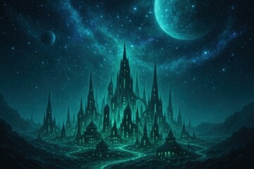 Canvas Print - Mystical city under starry sky.