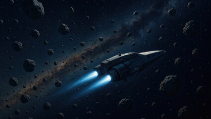 Wall Mural - Spaceship navigating asteroid field galaxy.