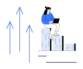 Wall Mural - Woman using laptop on ascending bar graph alongside three upward arrows, symbolizing growth, success, business development, financial progress, achievement, career growth. Ideal for progress
