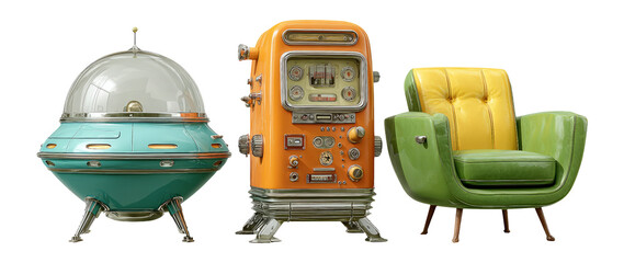 Retro Futuristic Furniture Collection with Isolated Transparent Background