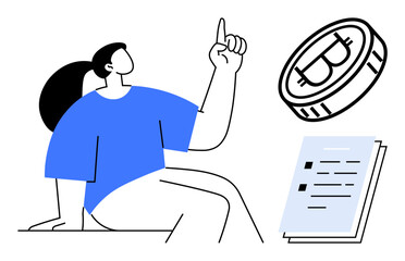 Wall Mural - Person raising a finger seated next to a floating Bitcoin coin and documents. Ideal for cryptocurrency, finance, blockchain, investment, ideas, innovation, and decision-making visual. Simple flat