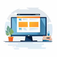 Website Design on Desktop Computer Screen with Plant and Books