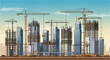 © Suroart - Cartoon cityscape under construction with cranes and skyscrapers against a blue sky.