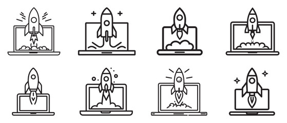 Several laptop icons display a rocket launching upwards creating a startup concept on white background