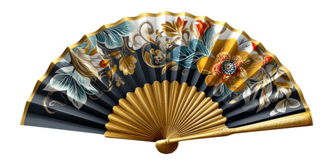 Elegant Decorative Fan with Floral Design on Transparent Background