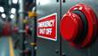 © linno - Emergency Shut Off Cinematic Industrial Safety Close-Up of Red Button & Sign on Metal Panel