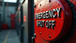 © linno - Dramatic Macro Shot of Glossy Red Emergency Shut Off Button, Cinematic Industrial Safety Control Concept