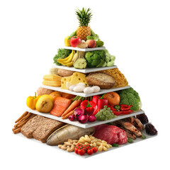 Healthy food pyramid with assortment of fresh foods isolated on transparent background