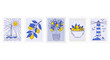 © fdp - A charming set of postage stamps featuring nautical and citrus fruit illustrations in a simple blue and yellow line art style