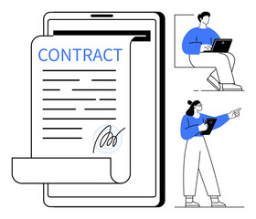 Wall Mural - Digital contract on tablet with signature. People working on laptops, pointing at screen. Ideal for teamwork, remote work, agreement, collaboration, technology, communication simple landing page