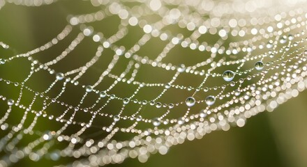 Close up of glistening dew drops on a spider web macro detail with natural sunlight