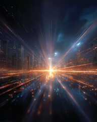 Wall Mural - Digital Cityscape with Lights: An eye-level perspective showcases a vibrant cityscape rendered in dynamic digital art. The scene pulsates with streams of radiant light.