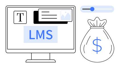 Computer screen displays LMS interface with text editor, image upload, and slider for settings. Money bag reflects financial aspects. Ideal for education, e-learning, finance, business, design user