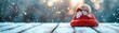© wan - Close-up of Red Christmas Hat with White Snowflakes on Minimalist Table, Natural Light Professional HD Render, Advertising Style Holiday Atmosphere