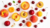 A beautiful overhead view of a summer fruit medley with ripe peaches, sweet cherries, and apricots on a pristine white backdrop