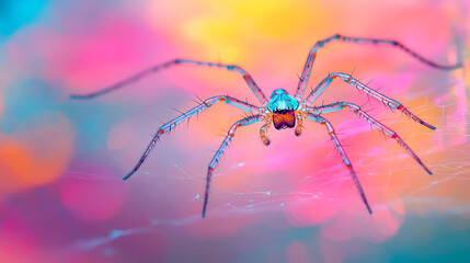 Stunning iridescent spider on delicate web with vibrant pink and yellow bokeh background creates a magical, otherworldly feel for fantasy or nature projects