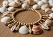 © Hajara - Seashells and Wooden Bead Necklace on Textured Tabletop CloseUp Shot