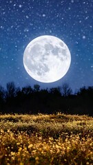 Wall Mural - Bright full moon shining above a field of white wildflowers at night with falling snow, creating a peaceful scene.