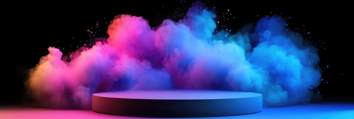Canvas Print - Abstract 3D rendering of a product display with colorful smoke on a black backdrop