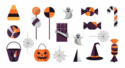Spooky Halloween treats and decorations including ghosts, spiderwebs, candy, and a jack o lantern to add some spooky fun to your designs