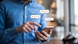© Din Nasahrudin - Close-up of a person using a smartphone to leave a five-star review with digital rating icons, concept of customer satisfaction, feedback, online reputation and user experience.