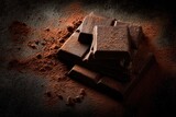Dark chocolate bars on a dark surface dusted with cocoa powder