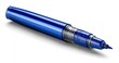 © Owen - Close-up of a vibrant blue pen.  The pen's glossy, metallic finish is highlighted against a plain white background.  The pen's tip is visible and angled slightly downward