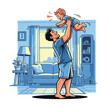 © Ace13 - A father joyfully lifting his baby son high in the air in a cozy living room, sharing a moment of pure happiness.