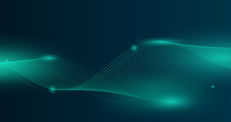 Abstract glowing blue-green waves and lines creating a dynamic futuristic technology background, perfect for modern digital design projects, data visualization, or cyber-themed presentations.Vector