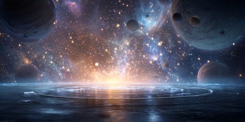 Wall Mural - Cosmic Abstract Background with Vibrant Colors and Empty Futuristic Stage Amid Planets and Stars in Deep Space