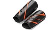 © Ashley - Black and orange shin guards two pieces laid flat on a white surface