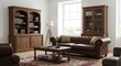 © Adan - Richly furnished living room with wood furniture couch bookshelves coffee table rug and decor