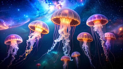 Wall Mural - Glowing jellyfish floating in a cosmic ocean under a starry sky with purple and blue hues creating a dreamy underwater scene