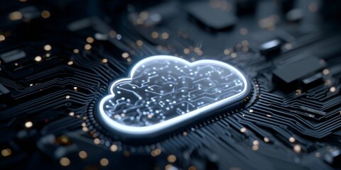 Wall Mural - Futuristic Digital Cloud with Neon Effects on a Circuit Board Background Representing Advanced Technology and Connectivity
